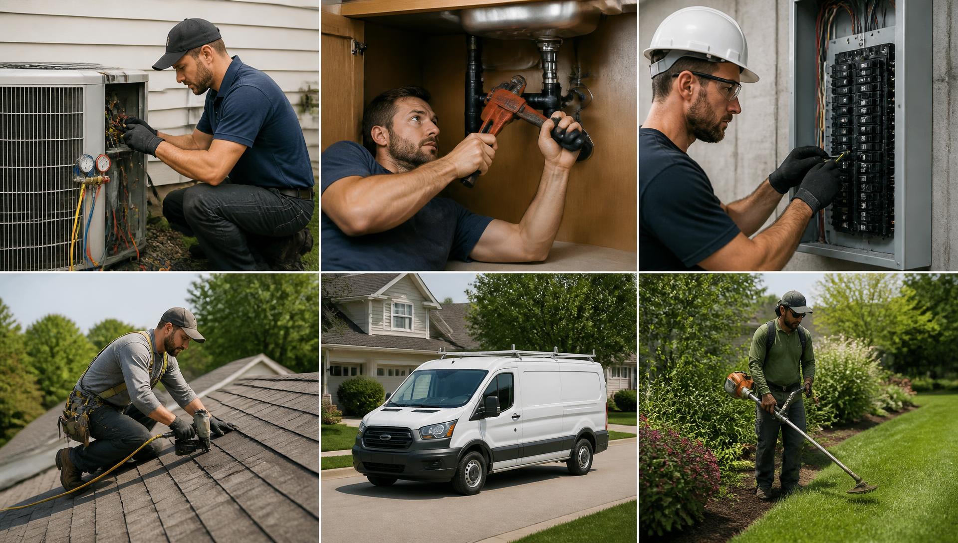 Missouri service trades at work: HVAC, plumbing, electrical, roofing, and landscaping